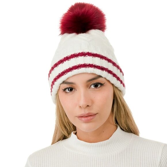 Marcus Adler Accessories - Marcus Adler Cozy & Stylish Knit Pom Varsity Beanie White w/ Burgundy Pom NWT